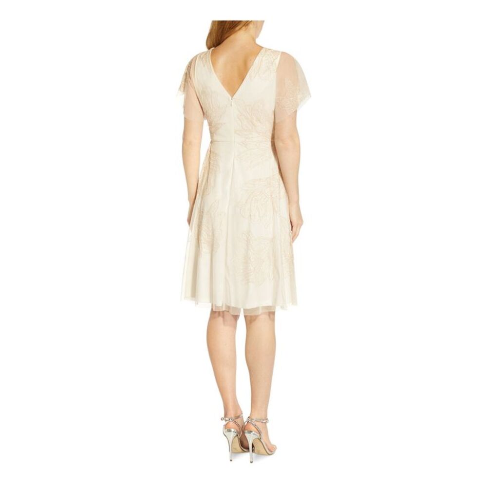 ADRIANNA PAPELL Womens Beige Lined V Back Flutter Sleeve Fit + Flare Dress 2 - Picture 2 of 3